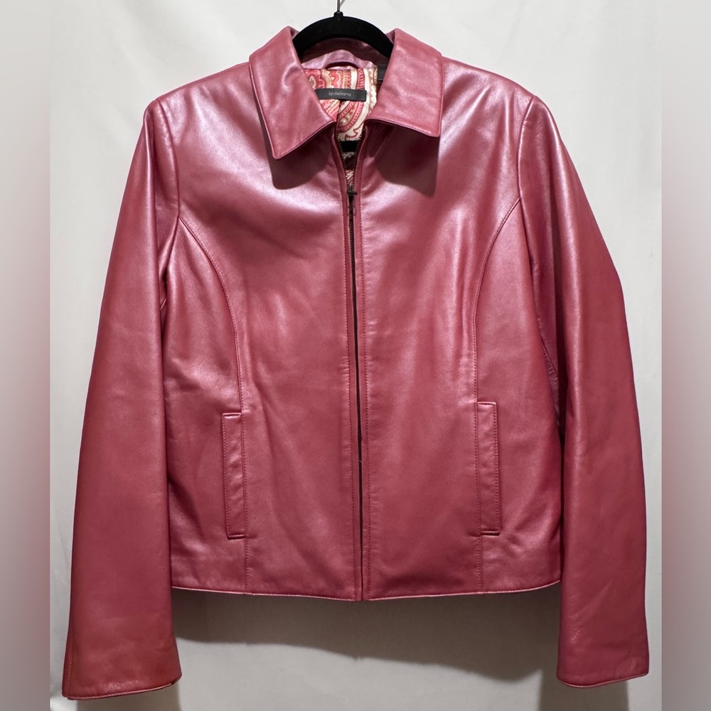 Liz Claiborne Pink Salmon Soft Leather Jacket Full Zip Paisley Lined  Women’s 14 - Picture 2 of 16